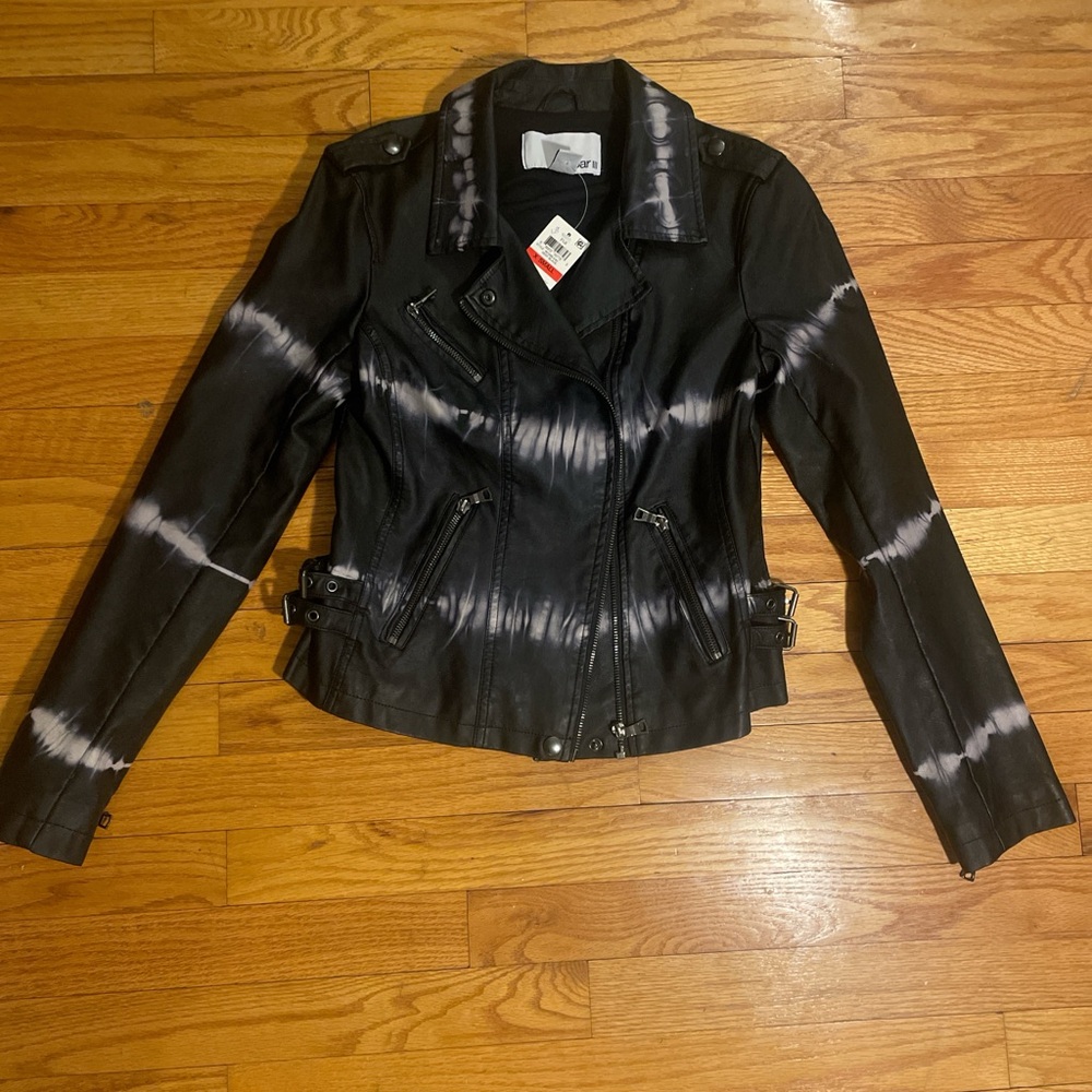 Never worn leather jacket with white strips